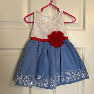 Wonderkids White Lace Top Blue Skirt Dress with Red Ribbon Flower Accent